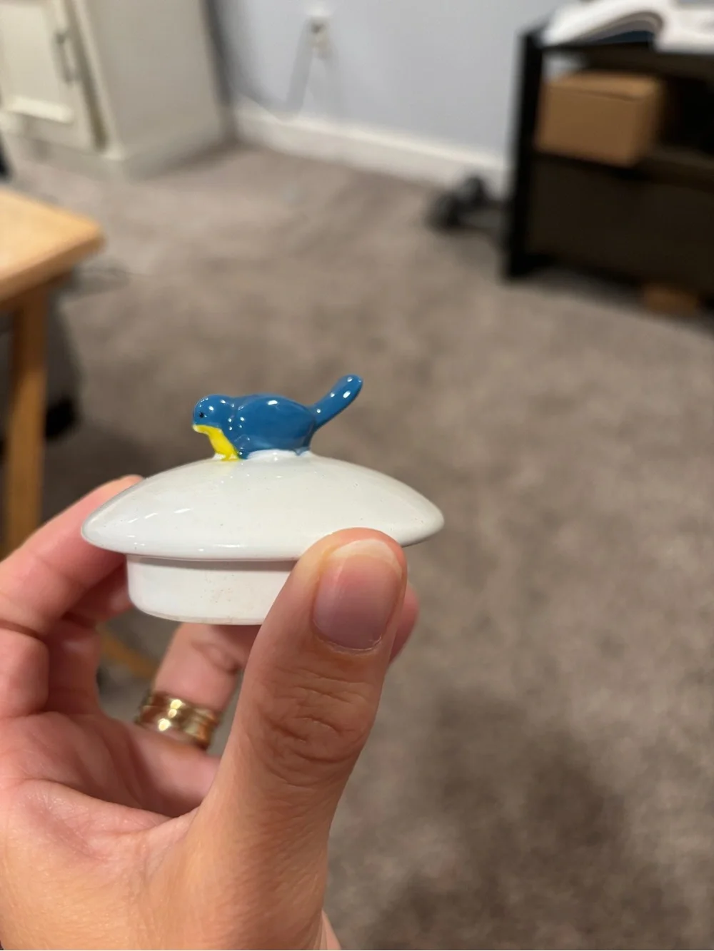 White Ceramic Teapot with Blue Bird Lid and Faith-Inspired Design